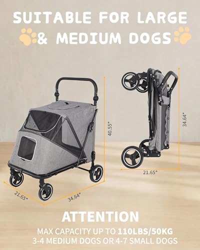 Large Dog Stroller for Medium Dogs - Gray, up to 110lbs, Easy Entry
