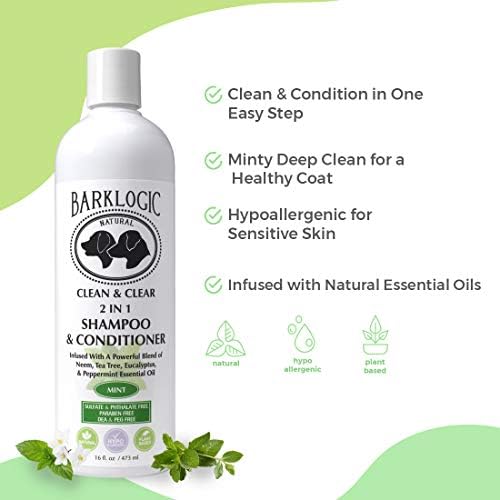 BarkLogic Clean & Clear 2 in 1 Shampoo & Conditioner, Mint, 16 fl oz - Grooming Essentials for A Quality Coat - No Parabens, No Phthalates, No Sulfates, No DEA & PEG, Safe & Vegan