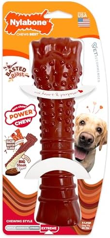 Nylabone Power Chew Basted Blast Dog Chew Toy, Bacon & Steak Flavor | X-large, durable dog toys for aggressive chewers, long lasting, discourages destructive chewing, for dogs 50+ lbs