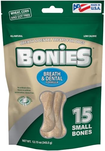 Bonies Natural Breath and Dental Formula Small-Sized Single Bone - All-Natural Ingredients, Fresh Breath, Cleans Teeth, Low Calories, Chicken Flavor, Small Dogs, 15 Bones
