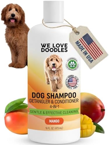 Dog Shampoo, Conditioner & Detangler, Hypoallergenic, Tearless, Mango, 16OZ | For Sensitive Itchy Skin, Best Shampoo For Smelly Dogs, Goldendoodle, Poodle & Doodle, Puppy Pet Wash Soap, USA Made, 4-in-1