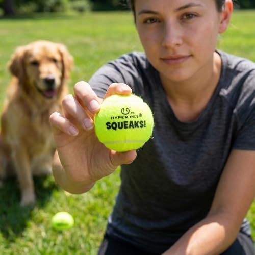 Hyper Pet Squeaks! Tennis Balls Dog Fetch Toys, Medium 2.5 Inch, Pack of 2 | Durable lightweight high bounce design with sound effects, made for training, suits pups 20-60 lbs, interactive play daily
