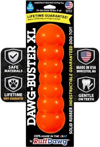 Ruff Dawg Indestructible Dawg-Buster XL Orange – Heavy-Duty Solid Rubber Dog Chew Stick for Dogs Under 40 lbs – Floats & Bounces – Made in USA