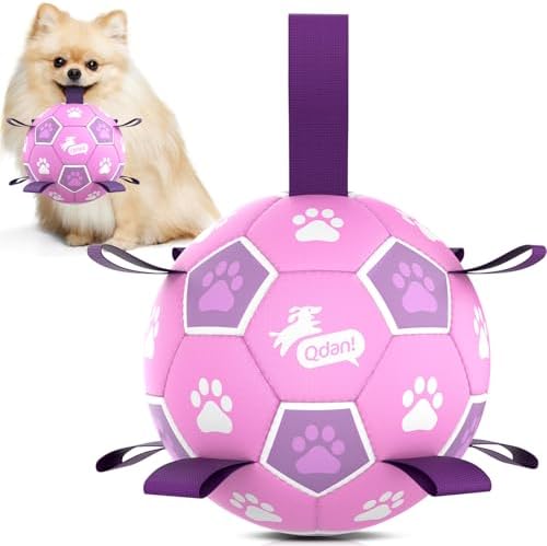 QDAN Dog Toys, Durable Dog Soccer Ball with Straps to Keep Them Busy,6 Inch | Puppy Toy Balls for Small Medium Dogs, Outdoor Dog Beach Water Pool Toys Tug Toys, Interactive Toy, Puppy Birthday Gifts