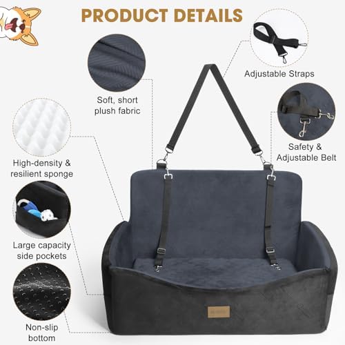 Dog Car Seat, Large/Medium Under 55 lbs, 2 Safety Belts, Memory Foam & Cushion