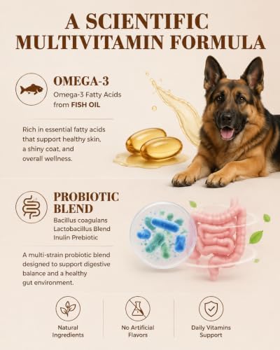 Dog Multivitamin Soft Chews: 5-in-1 Formula with CoQ10, Omega-3 and Lutein | 26 Essential Nutrients to Support Skin & Coat, Heart, Eye, Digestive Health & Daily Nutrition, Chicken Flavor