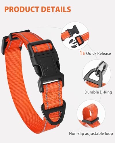 Joytale Dog Collar (10-16") and 6FT x 3/4" Wide Dog Leash Set, Reflective and Adjustable Nylon Collar and Padded Handle Leash for Small Dogs, Orange, S