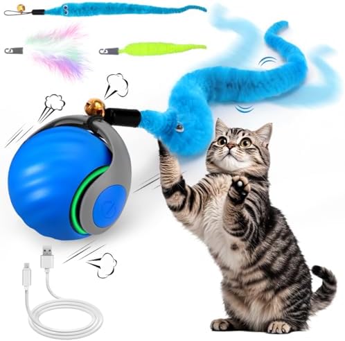 Mity rain Interactive Cat Toy Ball, Rechargeable Cat Toys for Indoor Cats | with Feather Tails for Kittens Chasing, Motion Activated Ball for Enrichment, Automatic Rolling Toys to Keep Them Busy Blue