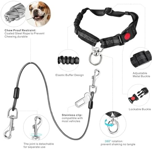 Idepet Stainless Steel 3-in-1 Dog Car Seatbelt, 2-Pack, Black