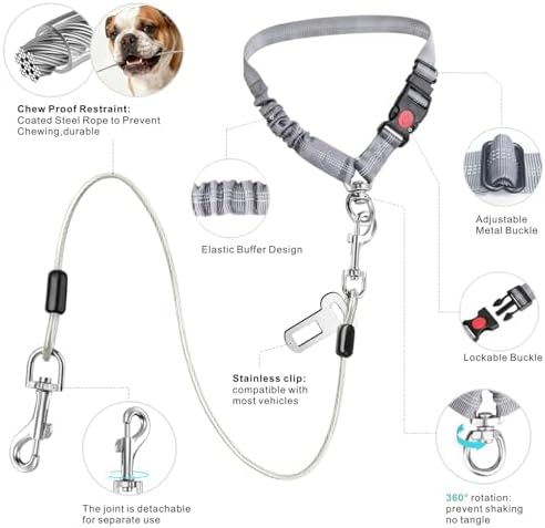 Idepet Stainless Steel 3-in-1 Dog Car Seatbelt, Grey