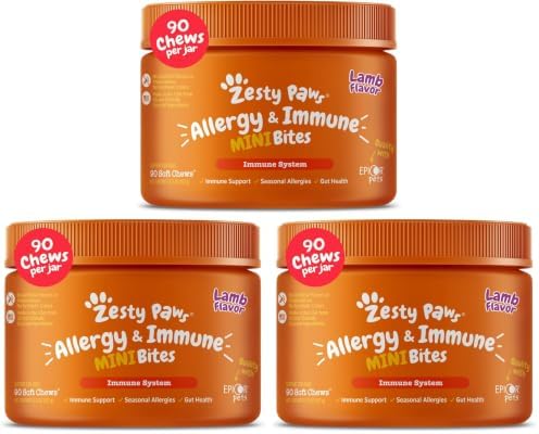 Zesty Paws Allergy Immune Bites - Dog Allergy Chews, Dog Probiotics for Itchy Skin and Ears, Lamb, Mini, 90ct (Pack of 3)