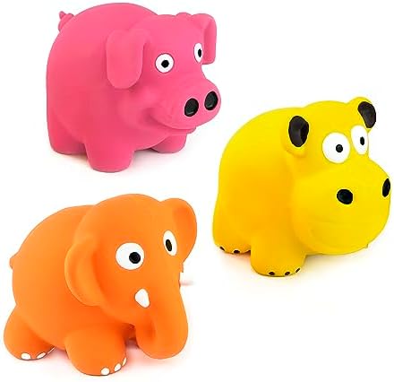 CHIWAVA 3PCS 3.2'' Squeak Latex Puppy Toy Standing Animal Set for Small Dog | Elephant Cow Animal Design, Assorted Color Interactive Play for Indoor & Outdoor Fetch and Throw