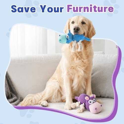 TOOPTATE 2-Pack Squeaky Hippo Dog Toys, Blue & Purple, Medium | Cute Plush Design, Rope Legs for Tugging, Helps Keep Dogs Busy, Suitable for Small, Medium, and Large Dogs