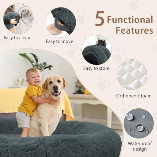 ROOMTEC Human Dog Bed, 71''x45''x12'' Size Fits Adult and Pet Washable Giant People Bed 10 CM Thick Memory Foam Large Oversize Pet Bed with Plump Pillow, Blanket, Strap - Darkgrey