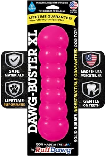 Ruff Dawg Indestructible Dawg-Buster XL Pink – Heavy-Duty Solid Rubber Dog Chew Stick for Dogs Under 40 lbs – Floats & Bounces – Made in USA