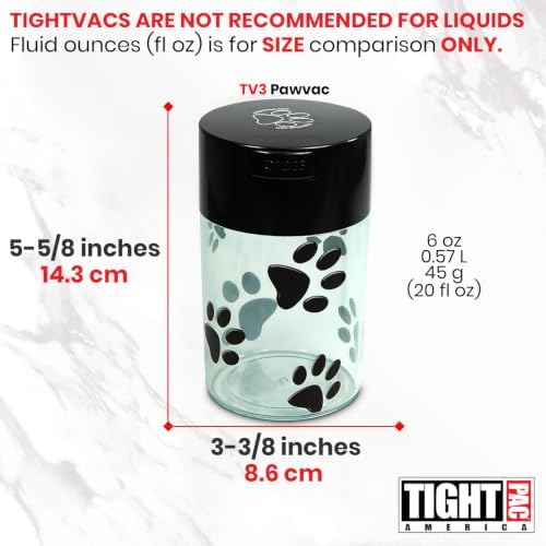 Pawvac 1 to 6 Ounces Container, Airtight Pet Food and Treats Storage Jar - Patented Vacuum Seal Container for Pet Food, Treats and other Dry Goods - Clear with Paws