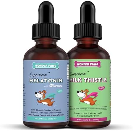 WONDER PAWS Melatonin Drops Plus Milk Thistle Drops - for Dog Stress Relief, Calming, Liver, Detox & Overall Wellness – Liquid Melatonin 2 Ounces - Milk Thistle 2 Ounces