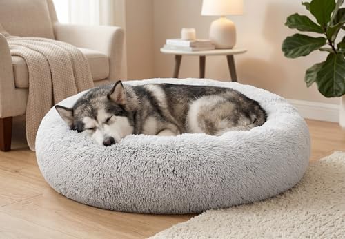 SAVFOX Calming Donut Dog Bed, 36", Light Grey
