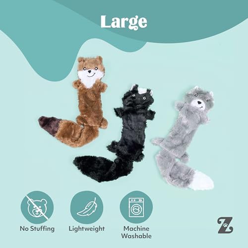 ZippyPaws Skinny Peltz No Stuffing Dog Toy Pack to Keep Them Busy - 18" | For Medium and Large Dogs, Squeaky Pet Toys, Unstuffed Chew Toys, Soft Plush Variety Pack, Weasel, Skunk, and Wolf