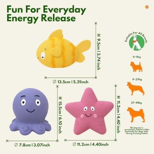 Squeaky Sea Creature Latex Dog Toys, 3 in 1 Set Soft Fish Octopus Starfish Chew Toys for Small Medium Dogs, Cute Puppy Toys Gift, Interactive Pet Toys for Enrichment Teething Relief & Boredom Buster