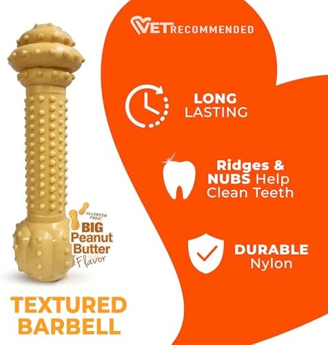 Nylabone Power Chew Textured Barbell Dog Chew Toy, Peanut Butter Flavor | Large breeds, durable dog toys for aggressive chewers, long lasting, discourages destructive chewing, for dogs up to 50 lbs