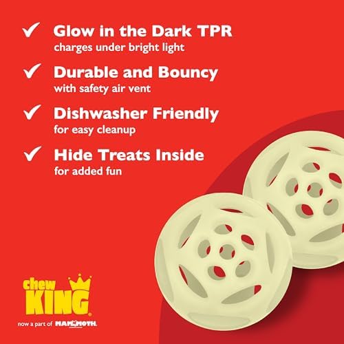 Chew King by Mammoth Glow-in-the-Dark Dog Fetch Balls (2-Pack), Lattice Rubber Fetch Toys for Night Play, High Bounce, Rechargeable Under Any Light, Medium 3.25"