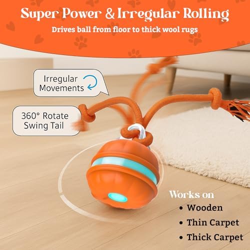 Interactive Dog - Motion Activated Rolling for Puppies & Small Dogs, USB Rechargeable Automatic Pet Ball, Smart Moving Toy for Boredom & Exercise, Durable Dog Chew Toy Orange