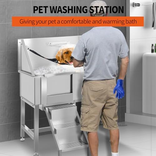 38" Pet Dog Bathing Station W/Stairs, Professional Stainless Steel Dog Grooming Tub W/Soap Box, Faucet,Rich Accessory, Dog Bathtub for Large,Medium,Small Pets, Washing Sink for Home,Left Door