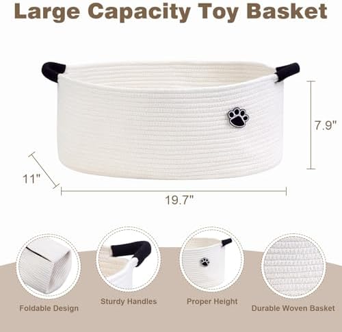 Optish Dog Toy Basket, 30L Toy Box and Bin for Dog Cat Storage, 19.7" X 11" X 7.9" Large Woven Rope Basket for Blankets, Living Room, Bedroom, White