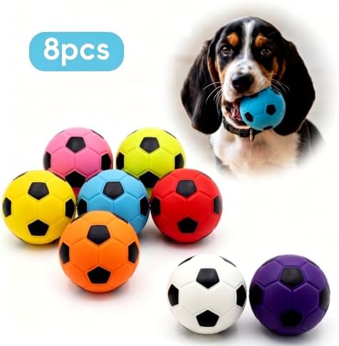8 Pack 2 Inch Squeaky Dog Soccer Ball Toys, Soft Latex for Small Dogs | Colorful assorted set. Perfect for fetch, chew, training, teething. Interactive dog toys for small medium breeds and puppies.