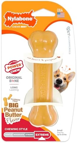 Nylabone Power Chew Original Bone Chew Toy, Peanut Butter Flavor, Small | Durable chew toys, long lasting, flavor throughout, discourages destructive chewing, keeps dogs busy, for dogs up to 25 lbs