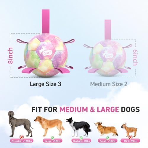 QDAN Dog Balls, Dog Herding Ball, 8 Inch Large Dog Soccer Ball with Strap | Durable Outdoor Dog Toys for 30-90lbs Medium Large Dogs, Interactive Pet Toys Tug of War, Pet Birthday Gifts,Gradient Rainbow