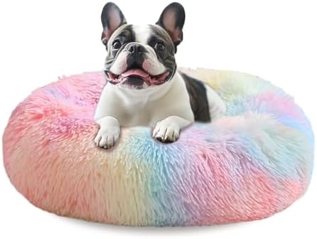 JOLLYVOGUE 31" Calming Donut Dog Bed, Rainbow