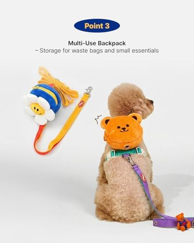 PETHROOM × Wiggle Wiggle Smile We Love Dog Backpack Harness with Leash – Cute Flower-Shaped Mini Backpack, No-Pull Adjustable Harness for Small Medium Dogs, Ideal for Travel, Camping & Hiking (Large)