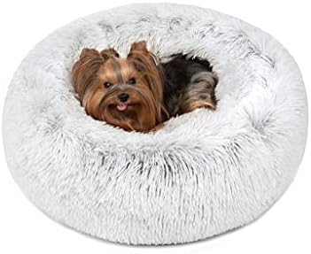 Friends Forever Donut Dog Bed Faux Fur Fluffy Calming Sofa For Small Dogs, Soft & Plush Anti Anxiety Pet Couch For Dogs, Machine Washable Coco Pet Bed with Non-Slip Bottom, 23"x23"x6" Ivory