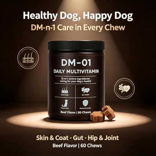 DM-01 Daily Multivitamin for Dogs, 12-in-1 Ingredientscaring for Your Dog's Health, Probiotics, Chondroitin & Vitamins, Skin & Coat, Gut, Hip Support, Beef Flavor, 60 Chews