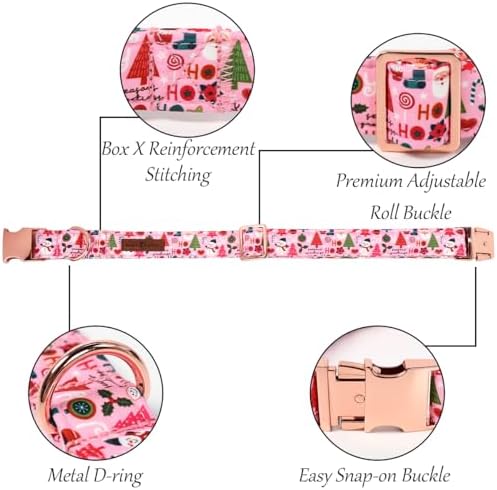Lionet Paws Christmas Dog Collar with Sailor Bow, Cute Ho Christmas Tree Snowman Pink Dog Collar Bow Tie for X-Large Dogs, Neck 16-26 inches