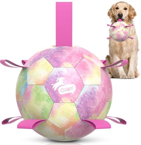 QDAN Dog Balls, Dog Herding Ball, 8 Inch Large Dog Soccer Ball with Strap | Durable Outdoor Dog Toys for 30-90lbs Medium Large Dogs, Interactive Pet Toys Tug of War, Pet Birthday Gifts,Gradient Rainbow