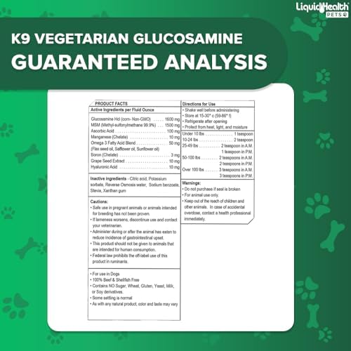 LIQUIDHEALTH 128 Oz K9 Vegetarian Liquid Glucosamine for All Dogs Canines - Chondroitin, MSM, Omega 3, Anti Oxidants Hyaluronic Acid – Joint Health, Dog Vitamins Hip Joint Juice, Joint Oil - 1 Gallon