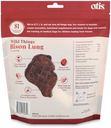 O.T.I.S. Wild Things Bison Lung Filets – 4 oz – Single-Ingredient Dog Treats – Grass-Fed, Farm-Raised Bison – No Hormones, Antibiotics, or Additives