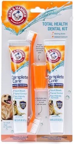 Arm & Hammer Complete Care Dog Dental Kit, 2 Flavors, 2.5 Oz Each | Includes chicken and peanut butter enzymatic toothpaste, toothbrush, and finger brush, baking soda daily