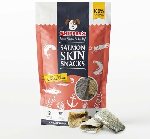 SKIPPER'S Salmon Skin Snacks Dog Treats - Gently Air Dried 100% Salmon Skin Chews, Great for Cleaning Teeth, Essential Omega 3 Oil, Hypoallergenic, Wheat & Gluten Free Fish Treat for Dogs | (3.52 Oz)