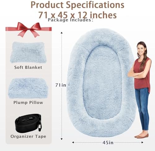 ROOMTEC Human Dog Bed, 71''x45''x12'' Size Fits Adult and Pet Washable Giant People Bed 10 CM Thick Memory Foam Large Oversize Pet Bed with Plump Pillow, Blanket, Strap - Blue