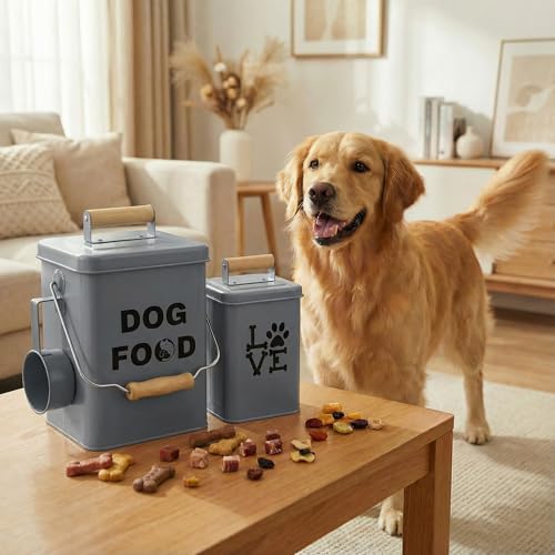 Dog Food Storage Container Set of 2 Dog Treat Container with Airtight Lids Dog, Metal, Grey