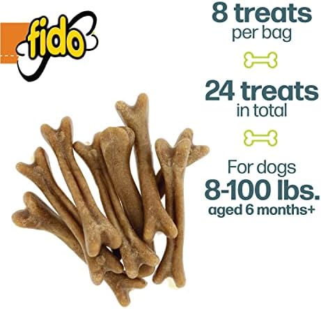 Fido Flex Hip & Joint Care Bones for Dogs - 8 Count, Pack of 3 - Glucosamine & Chondroitin Support - Promotes Mobility & Joint Function - Reduces Plaque - for Medium Dogs - Made in USA (24 Total)