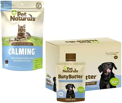 Pet Naturals Calming Chews for Cats, 30 Chews & BusyButter Easy Squeeze Calming Peanut Butter for Dogs, 6 Pouches