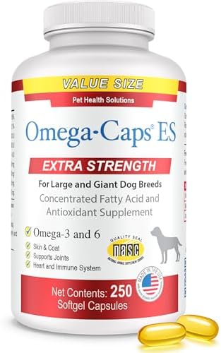 Extra Strength for Large and Giant Dogs Value Size Omega-3 and Omega-6 Fatty Acid Antioxidant Supplement Vet Formulated Made in USA Skin Coat Joint Heart and Immune Health 250 Softgel Capsules