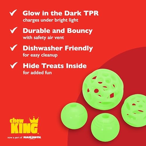 Chew King by Mammoth Glow-in-the-Dark Dog Fetch Balls (4-Pack Combo), Lattice & Rubber Fetch Toys for Night Play, High Bounce, Rechargeable Under Any Light, Multiple Sizes