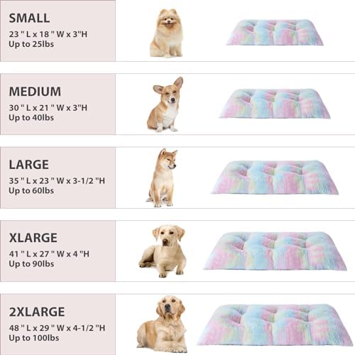 BFPETHOME Dog Beds for Large Dogs, Plush Dog Crate Bed Fluffy Cozy Kennel Pad for Sleeping &Ease Anxiety, Washable Pet Mats with Anti-Slip Bottom for Large Medium Dogs, Pet Bed, Rainbow