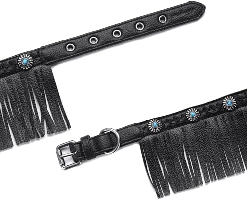 Blueberry Pet Western Fringe Black Microfiber Textured Leather Collar with Turquoise Conchos